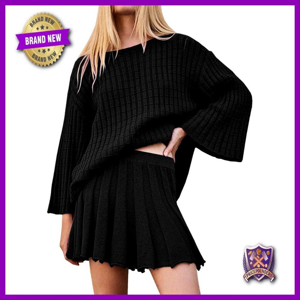 Oversized Cotton Pullover Sweater Set with Mini Skirt 2 Piece Outfit